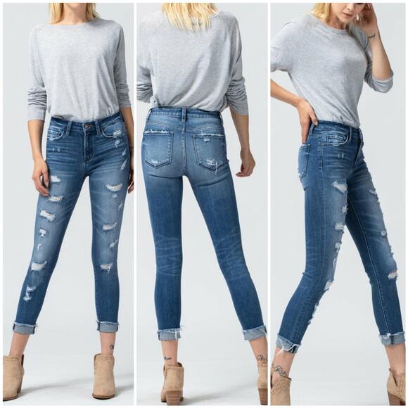 Distressed Skinny Jeans Vervet Blue Size 27 Stretch Denim Midrise Ankle Crop - Picture 6 of 9